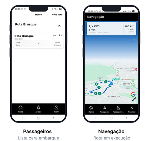 Telas do App do Motorista - Lista para embarque e Rota em execução