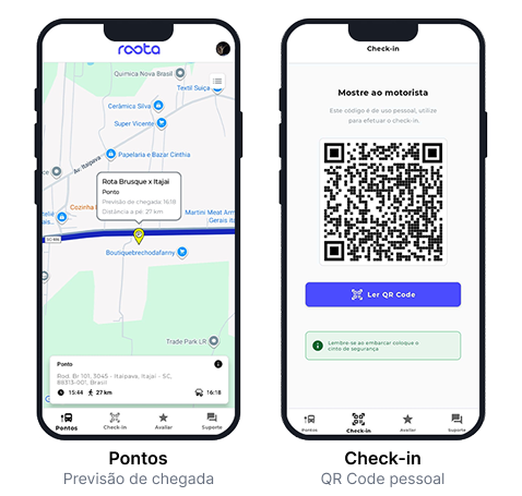 Telas do App do Passageiro - Previsão de chegada e QR Code pessoal